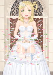  1girl blonde_hair botan_m bride dress earrings garter_straps gloves hair_ornament highres jewelry lace lace-trimmed_legwear lace-trimmed_panties lace_trim looking_at_viewer love_live! love_live!_sunshine!! ohara_mari panties underwear wedding_dress white_legwear  rating:Questionable score:14 user:cjn1508