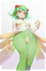 1girl bad_id bad_pixiv_id bar_censor blush breasts breasts_apart censored chinese_commentary clenched_teeth cosplay creatures_(company) crotchless dress flipped_hair from_below game_freak gen_3_pokemon gradient_background green_eyes green_hair green_pantyhose heiyz highres kirlia kirlia_(cosplay) long_sleeves looking_at_viewer looking_down medium_breasts nintendo one-punch_man pantyhose pink_background pokemon pussy pussy_juice short_hair simple_background solo tatsumaki tears teeth torn_clothes torn_pantyhose white_dress rating:Explicit score:188 user:danbooru