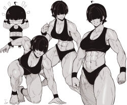  1girl abs absurdres ahoge ankleband black_hair black_panties black_sports_bra breasts chibi cleavage_cutout clothing_cutout fighting_stance greyscale hair_over_eyes hand_on_ground highres large_breasts monochrome muscular muscular_female on_one_knee original panties short_hair signature sketch smile speedl00ver sports_bra sports_panties standing thick_thighs thighs tomboy underwear veins wristband  rating:Sensitive score:48 user:danbooru