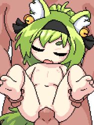 1boy 1girl after_vaginal akai_(ugokashitari) animal_ear_fluff animal_ears animated animated_gif azur_lane barefoot bell blush breasts completely_nude cum cum_in_pussy flat_chest fox_ears fox_girl fox_tail full_body green_eyes green_hair hair_bell hair_ornament held_up hetero isokaze_(azur_lane) leg_grab legs loli navel nipples nude open_mouth cum_overflow penis pixel_art pussy sex sex_from_behind small_breasts soles solo_focus tail thighs third-party_edit toes uncensored vaginal rating:Explicit score:767 user:SomeDecensors