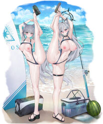  2girls adapted_costume alternate_costume animal_ear_fluff animal_ears ass bag beach black_choker black_one-piece_swimsuit blue_archive blue_eyes blue_halo blurry_edges breasts choker cleft_of_venus clothing_cutout collarbone commentary competition_swimsuit cross_hair_ornament dark_halo earrings extra_ears feet fishing_rod food fruit full_body grey_hair hair_ornament halo highres horizon jewelry kneepits large_breasts legs lichiko long_hair looking_at_viewer medium_breasts medium_hair mismatched_pupils multiple_girls nail_polish navel nipples ocean one-piece_swimsuit outdoors partially_visible_vulva pussy sandals shiroko_(blue_archive) shiroko_(swimsuit)_(blue_archive) shiroko_terror_(blue_archive) simple_bird split standing standing_on_one_leg standing_split stomach stomach_cutout surfboard swimsuit thigh_strap toenail_polish toenails toes underboob very_long_hair watermelon wolf_ears  rating:Questionable score:41 user:danbooru