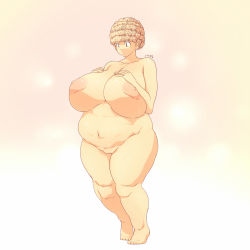  1girl artistic_nudity barefoot breasts fat fine_art_parody gigantic_breasts hataraki_ari highres hip_focus large_areolae nipples nude obese parody personification pussy thick_thighs thighs venus venus_of_willendorf wide_hips willendorf woman_of_willendorf yellow_eyes 