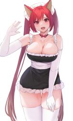  1girl :d animal_ears armpits bare_shoulders black_choker black_dress bow bow_choker bowtie breasts cerberus_(shingeki_no_bahamut) choker cleavage collarbone cowboy_shot dress elbow_gloves facing_viewer fang frilled_dress frills gloves hand_on_own_leg hand_up head_tilt highres large_breasts long_hair looking_at_viewer maid maid_headdress open_mouth pepeo red_bow red_bowtie red_eyes red_hair sash shingeki_no_bahamut short_dress simple_background skindentation smile solo standing straight-on straight_hair swept_bangs teeth thigh_gap thighhighs thighs twintails upper_teeth_only very_long_hair waving white_background white_gloves white_headdress white_sash white_thighhighs wide_hips 