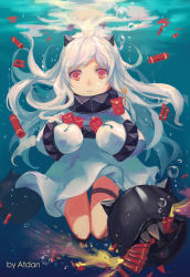 10s 1girl abyssal_ship ahoge hongbao artist_name atdan bad_id bad_pixiv_id dress firecrackers horns kantai_collection long_hair looking_at_viewer mittens northern_ocean_princess pale_skin parted_lips red_eyes submerged underwater white_dress white_hair rating:Sensitive score:7 user:danbooru