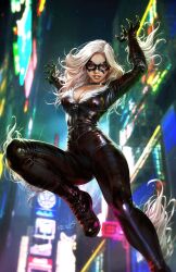  1girl black_bodysuit black_cat_(marvel) black_choker black_mask blurry blurry_background bodysuit choker city dcwj depth_of_field domino_mask felicia_hardy highres long_hair looking_at_viewer marvel mask night outdoors signature solo spider-man_(series) white_hair 