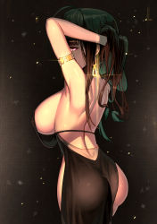 1girl absurdres ahoge armlet armpits arms_up ass backless_dress backless_outfit bad_id bad_pixiv_id bare_arms bare_back bare_shoulders black_background blunt_bangs breasts brown_hair commentary_request covered_erect_nipples cowboy_shot dress dsr-50_(girls&#039;_frontline) dsr-50_(highest_bid)_(girls&#039;_frontline) earrings evening_gown from_behind girls&#039;_frontline glint glowing glowing_eyes gradient_background highres jewelry korean_commentary large_breasts leonat long_hair looking_at_viewer looking_back no_bra official_alternate_costume pelvic_curtain pink_eyes sideboob skindentation solo rating:Questionable score:109 user:danbooru