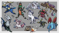  absol absurdres alolan_form alolan_ninetales alternate_color ariados black_fur blue_skin border brown_eyes brown_fur bug cat claws colored_sclera colored_skin commentary_request creatures_(company) dog facial_mark forehead_jewel forehead_mark frisbee game_freak gen_2_pokemon gen_3_pokemon gen_5_pokemon gen_6_pokemon gen_7_pokemon green_eyes grey_background highres horns houndoom legendary_pokemon liepard litten meruru_gu multiple_tails nintendo no_humans open_mouth outside_border pokemon pokemon_(creature) prehensile_ribbon purple_eyes purple_fur red_eyes salamence samurott sharp_teeth shiny_pokemon silvally simple_background single_horn sitting sitting_on_branch snout spider standing sylveon tail teeth umbreon wavy_mouth whiskers white_border white_fur wings yawning yellow_sclera zigzagoon 