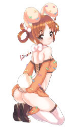  1girl :/ amezawa_koma animal_ears ass bare_shoulders blush breasts brown_eyes brown_hair crop_top full_body hair_rings highres kneeling original rabbit_ears rabbit_girl rabbit_tail short_hair simple_background small_breasts solo tail thighhighs white_background white_thighhighs 