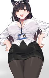 animal_ears atago_(azur_lane) azur_lane black_hair black_legwear bow breasts cleavage dog_ears dolphenry extra_ears hands_on_own_hips id_card large_breasts long_hair miniskirt mole mole_under_eye office_lady pantyhose partially_unbuttoned shirt skirt sleeve_cuffs swept_bangs teeth upper_teeth_only white_bow rating:Sensitive score:77 user:danbooru