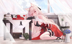  1girl absurdres animal_ear_fluff animal_ears arknights bare_shoulders barefoot black_bra blue_sky book book_stack bra breasts cleavage cloud cloudy_sky commentary_request cup drinking_glass flower flower_pot head_rest high-waist_skirt highres indoors large_breasts long_hair looking_at_viewer pink_eyes pink_hair pozyomka_(arknights) purple_flower red_skirt revision rhodes_island_logo_(arknights) shawl sideboob sitting skirt sky solo table thigh_strap thighs typewriter underwear wariza white_flower white_shawl wolf_ears wolf_girl yeosi  rating:Sensitive score:3 user:danbooru