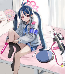  1girl absurdres armband bed blue_archive blue_armband blue_hair blue_necktie bow commentary_request fubuki_(blue_archive) gun hair_bow halo highres jacket legs long_sleeves looking_at_viewer multicolored_hair necktie on_bed red_eyes red_halo rifle ruger_mini-14 saibashi_(develop_komono) sitting solo thighs twintails two-tone_hair weapon white_bow white_hair white_jacket 