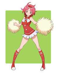 1girl absurdres boots cheerleader contrapposto cross-laced_footwear facial_mark female_focus forehead_mark full_body gundam gundam_g_no_reconguista highres lace-up_boots looking_at_viewer miniskirt noredo_nug pink_eyes pink_hair pom_pom_(cheerleading) ryusho short_hair simple_background skirt smile solo standing  rating:Sensitive score:11 user:danbooru