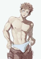 1boy abs briefs bulge collarbone cowboy_shot facing_viewer highres itadori_yuuji jujutsu_kaisen looking_to_the_side male_focus male_underwear nipples open_mouth pants pink_hair qxq_illus scar scar_on_face short_hair solo topless_male undercut underwear white_background white_briefs white_male_underwear rating:Questionable score:13 user:danbooru