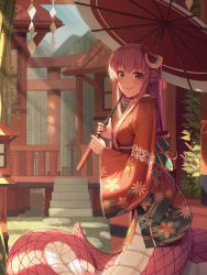  1girl absurdres bamboo blush breasts brown_eyes closed_mouth day fang flower goback hair_flower hair_ornament hairclip highres holding holding_umbrella japanese_clothes kimono lamia large_breasts long_hair looking_at_viewer miia_(monster_musume) monster_girl monster_musume_no_iru_nichijou oil-paper_umbrella outdoors pointy_ears railing red_hair smile solo stairs torii umbrella  rating:Sensitive score:15 user:danbooru