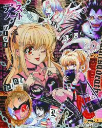  2girls 3boys amane_misa apple bag bandaged_head bandages belt black_bag black_collar black_eyes black_footwear black_hair black_ribbon black_shirt blonde_hair blush book boots breasts brown_eyes brown_hair cake chain character_name cleavage collar collared_shirt creature dangle_earrings death_note death_note_(object) denim earrings elbow_gloves fingerless_gloves fishnet_thighhighs fishnets fleur-de-lis food fork fruit full_body garter_straps gloves goth_fashion gothic_lolita hair_between_eyes hair_ornament hair_ribbon hairclip half_updo hanavbara handbag heart heart_hands highres holding holding_book holding_food holding_fork holding_fruit holding_scythe hoop_earrings jeans jewelry l_(death_note) lace_sleeves lolita_fashion long_hair long_sleeves medium_breasts miniskirt multiple_boys multiple_earrings multiple_girls multiple_rings nail_polish necktie one_eye_closed open_mouth pants plaid plaid_skirt pleated_skirt red_nails red_necktie red_shirt red_skirt rem_(death_note) retro_artstyle ribbon ring ryuk safety_pin scythe shinigami shirt short_hair short_twintails sidelocks skirt skull_ring sleeveless sleeveless_shirt snake_ring squatting strawberry_shortcake striped_clothes striped_gloves studded_belt thighhighs tongue tongue_out twintails twitter_username upper_body white_shirt yagami_light yellow_eyes 