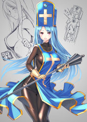 1girl :&gt; :o arms_up blue_hair blue_hat blush bodysuit breasts chibi closed_mouth coffee_cat collarbone copyright_name covered_erect_nipples cross_print dragon_quest dragon_quest_iii gem gloves grey_background hat holding holding_staff large_breasts long_hair long_sleeves looking_at_viewer mace medislime mitre multiple_views open_mouth priest_(dq3) red_eyes shiny_clothes sideboob skin_tight smile staff swept_bangs tabard translation_request wardrobe_error weapon yellow_gloves