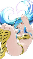  1girl absurdres animal_print armpits arms_up bare_arms bare_shoulders bikini blue_hair breasts commentary cone_horns fengling_(furin-jp) fur_bikini highres horns looking_at_viewer lum medium_breasts navel oni print_footwear small_horns solo stomach strapless strapless_bikini swimsuit thighs tiger_print urusei_yatsura white_background yellow_eyes yellow_horns 