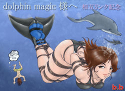 1boy 1girl \m/ amiba00 arms_behind_back asphyxiation barefoot bdsm bondage bound bound_ankles bound_arms bound_legs box_tie breast_bondage breasts brown_eyes brown_hair buckle competition_swimsuit covered_erect_nipples crotch_rope dolphin drowning feet flippers freediving imagining large_breasts legs_together long_hair looking_at_viewer male_swimwear one-piece_swimsuit original rope shibari socks swim_trunks swimming swimsuit thighs toes underwater yellow_male_swimwear yellow_swim_trunks  rating:Questionable score:58 user:danbooru