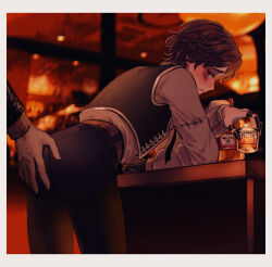  1boy alcohol ass_grab bar_(place) bent_over black_vest blush brown_eyes brown_hair collared_shirt cup dress_shirt gloves groping holding holding_cup identity_v implied_yaoi looking_to_the_side male_focus matthias_czernin non-web_source shirt single_glove sweatdrop tendenbarabara vest whiskey 