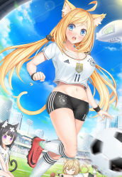 3girls ahoge aircraft animal_ears ball bandaid bike_shorts black_hair blonde_hair blue_eyes blue_sky blush bra breasts brown_hair cat_ears cat_girl cat_tail chibi chibi_inset cleavage crop_top crossed_bandaids day dirigible fang germany groin highres kneehighs large_breasts long_hair looking_at_viewer low_twintails multiple_girls navel nike_(company) open_mouth purple_eyes scrunchie seiza sitting sky small_breasts soccer soccer_ball soccer_field soccer_uniform socks solo_focus sportswear strap_gap sunimu sweat tail tears twintails underwear wardrobe_malfunction white_bra world_cup wristband yarn yarn_ball