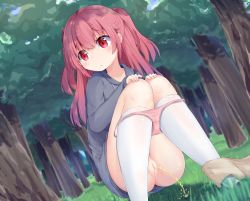 1girl blush cherry day female_focus food food-themed_hair_ornament forest fruit grass hair_between_eyes hair_ornament hands_on_own_knees highres hood hoodie kneehighs knees_together_feet_apart kyuukon_(qkonsan) long_hair looking_away looking_to_the_side nature original outdoors panties panty_pull pee peeing pink_hair pussy red_eyes shoes short_shorts shorts socks solo squatting tree two_side_up uncensored underwear white_socks rating:Explicit score:59 user:sytalidis