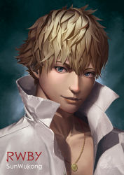  10s 1boy 2014 absurdres blonde_hair blue_eyes character_name copyright_name dated highres jewelry lepus leung_lik_hang male_focus open_clothes open_shirt pendant portrait rwby shirt short_hair solo spiked_hair sun_wukong_(rwby)  rating:Sensitive score:10 user:danbooru