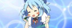  circled_9 animated animated_gif blue_hair blush_stickers cirno cropped happy k-on! lowres parody solo embodiment_of_scarlet_devil touhou un_tan  rating:Sensitive score:19 user:danbooru