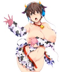  1girl absurdres animal_ears animal_print belt bikini bikini_top_only blush breasts brown_eyes brown_hair cleavage collar collarbone covering_privates covering_breasts cow_ears cow_horns cow_print cow_tail cowbell cowboy_shot curvy deep_skin detached_sleeves embarrassed fake_animal_ears fake_horns fake_tail gloves groin headphones highres horns huge_breasts idolmaster idolmaster_cinderella_girls lactation large_areolae large_nipples looking_at_viewer navel no_panties oikawa_shizuku open_mouth puffy_areolae puffy_nipples shiny_skin short_hair sidelocks skirt unworn_skirt solo standing swimsuit tail thick_thighs thighs tongue tsukasawa_takamatsu wardrobe_malfunction white_background wide_hips  rating:Questionable score:73 user:Oppai_chan