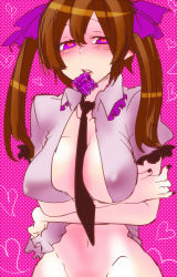 1girl between_breasts blush bottomless breasts brown_hair condom condom_in_mouth female_focus groin hair_ribbon hata-tan_(rui_(hershe)) heart heart-shaped_pupils himekaidou_hatate large_breasts mouth_hold nail_polish naked_shirt necktie no_bra no_panties open_clothes open_shirt out-of-frame_censoring purple_eyes ribbon rui_(hershe) saliva shirt solo symbol-shaped_pupils touhou twintails rating:Questionable score:6 user:danbooru