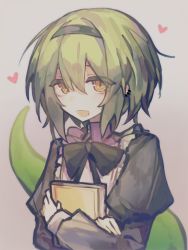  1boy artist_request bill_(black_souls) black_souls book bow false_pear green_hair hairband heart highres holding holding_book lizard_tail looking_at_viewer open_mouth orange_eyes ribbon short_hair simple_background solo tail  rating:General score:6 user:A.V.