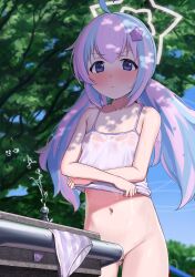 1girl absurdres ahoge blue_archive blue_hair blue_panties blurry blurry_background blush bottomless breasts camisole cleft_of_venus closed_mouth commentary depth_of_field drinking_fountain gluteal_fold hair_bobbles hair_ornament halo highres kuro_(zhurunbo1997) light_blue_hair long_hair multicolored_hair navel outdoors panties pink_hair purple_camisole purple_eyes purple_panties pussy pussy_peek reisa_(blue_archive) small_breasts solo star_(symbol) star_hair_ornament star_halo striped_clothes striped_panties symbol-only_commentary twintails two-tone_hair underwear underwear_only unworn_panties wet wet_clothes white_panties wringing_clothes rating:Questionable score:161 user:danbooru