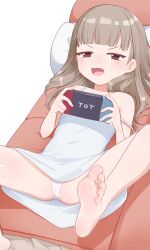  1girl :3 absurdres anatomy_of_a_gamer_(meme) armpit_crease barefoot black_eyes blonde_hair blush brown_eyes brown_hair cameltoe child child_gf_(orenji) couch dress fang feet flat_chest from_above goki_buri half-closed_eyes handheld_game_console highres hime_cut legs light_blush light_brown_hair loli long_hair looking_at_viewer lying meme mesugaki naughty_face nintendo_switch on_back on_couch open_mouth original panties pantyshot pillow pov raised_eyebrows simple_background smile smug soles solo spread_legs strap_slip sundress teasing thighs toes tongue underwear white_background white_dress white_panties 