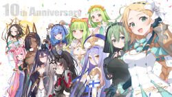 &gt;:( 6+girls :d animal animal_ears animal_on_head anniversary antenna_hair aqua_capelet arm_support armor aurora_(sennen_sensou_aigis) backless_dress backless_outfit black_bow black_cat black_gloves black_hair blonde_hair blue_hair blunt_bangs blush bow bracer braid braided_bangs breast_suppress breasts brooch cat cat_on_head center-flap_bangs cleavage cleavage_cutout clothing_cutout commentary confetti coral_hair_ornament dark-skinned_female dark_skin dated detached_sleeves dragon_horns dragon_wings dress earrings egyptian egyptian_clothes emelda_(sennen_sensou_aigis) facial_mark fake_animal_ears fangs fermi_(sennen_sensou_aigis) flower flower_wreath forehead_mark gloves gold_trim green_eyes green_hair grin hagoromo hair_between_eyes hair_bow hair_flower hair_ornament hair_over_one_eye hair_ribbon hair_rings hairband hand_on_own_cheek hand_on_own_face hands_on_own_chest hat hattori_masaki headdress headpiece heios_(sennen_sensou_aigis) heterochromia highres horns horteus_(sennen_sensou_aigis) jewelry large_breasts light_blue_hair long_bangs long_hair long_sleeves looking_at_another looking_at_viewer maple_(sennen_sensou_aigis) maya_(sennen_sensou_aigis) medium_breasts meliusiana multicolored_hair multiple_girls navel navel_cutout neve_(sennen_sensou_aigis) on_head open_mouth otohime_(sennen_sensou_aigis) pauldrons peeking_out pink_hair puffy_sleeves purple_eyes red_eyes ribbon sennen_sensou_aigis shawl short_hair_with_long_locks shoulder_armor shrug_(clothing) signature smile spiked_wings split-color_hair tiara twintails two_side_up usekh_collar v-shaped_eyebrows very_long_hair white_background white_flower wings yellow_eyes yuanshi_tianzun_(sennen_sensou_aigis)