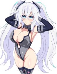  1girl armpits arms_behind_head bare_shoulders black_heart_(neptunia) bodysuit boots breasts cleavage gloves green_eyes hair_ornament hairclip highres large_breasts long_hair neptune_(series) noire_(neptunia) smile stiris_rangetsu stretching thighs tsundere very_long_hair white_hair  rating:General score:18 user:Dyna-Goose