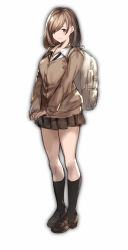 1girl backpack bad_id bad_pixiv_id bag black_socks blue_eyes breasts brown_footwear brown_hair cardigan closed_mouth collared_shirt commentary_request expressionless full_body granblue_fantasy_(style) kneehighs light_smile loafers long_sleeves looking_at_viewer medium_breasts medium_hair miniskirt original own_hands_together pleated_skirt revision school_uniform shirt shoes simple_background skirt socks sola_(solo0730) solo standing swept_bangs white_background white_shirt rating:Sensitive score:8 user:danbooru