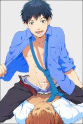  2boys cum drooling erection highres lying male_focus multiple_boys naughty_face necktie penis saliva school_uniform sigerufn smile straddling tagme unbuttoned undressing yaoi  rating:Explicit score:12 user:harucho