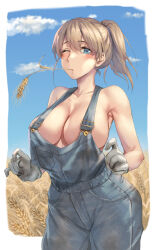 1girl alternate_costume blue_eyes blue_overalls blush breasts brown_hair cleavage collarbone cowboy_shot day gloves hair_between_eyes highres intrepid_(kancolle) kantai_collection kokuzou large_breasts mouth_hold naked_overalls no_bra one_eye_closed overalls ponytail short_hair solo stalk_in_mouth wheat white_gloves rating:Sensitive score:52 user:danbooru