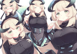  1girl :t absurdres apron black_dress blush breasts buttons chamber_dragonmaid closed_eyes closed_mouth dragon_girl dragon_horns dragon_wings dress duel_monster feathered_wings finger_to_cheek glaring green_eyes hand_on_own_chest happy highres horns kanzakietc large_breasts long_dress long_hair long_sleeves maid maid_apron maid_headdress multiple_views pout simple_background smile sulking white_background white_hair wings yu-gi-oh! 