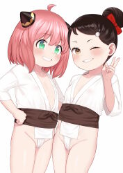  2girls ahoge anya_(spy_x_family) atg_(wttoo0202) becky_blackbell black_hair blush bow brown_eyes commentary_request fundoshi green_eyes grin groin hair_between_eyes hair_bow hair_bun hand_on_own_hip hand_up heart heart-shaped_pupils japanese_clothes loli long_sleeves looking_at_viewer multiple_girls one_eye_closed pink_hair red_bow simple_background smile spy_x_family standing symbol-shaped_pupils v white_background  rating:Questionable score:160 user:danbooru