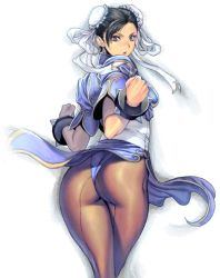  1girl :o ass back-seamed_legwear black_hair bracelet brown_pantyhose bun_cover capcom china_dress chinese_clothes chun-li clenched_hand clenched_hands crossed_legs double_bun dress earrings fighting_stance foreshortening from_behind hair_bun homare_(fool&#039;s_art) jewelry legs looking_at_viewer open_mouth outstretched_arms pantyhose pelvic_curtain ribbon sash seamed_legwear short_dress short_hair simple_background solo spiked_bracelet spikes spread_arms standing street_fighter swept_bangs thick_thighs thighs wind wind_lift  rating:Sensitive score:169 user:danbooru