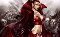  1girl artist_request cape cowboy_shot ear_piercing jewelry looking_at_viewer midriff no_bra outdoors pendant piercing pointy_ears red_cape revealing_clothes skull standing tagme vampire  rating:Questionable score:15 user:Cowww