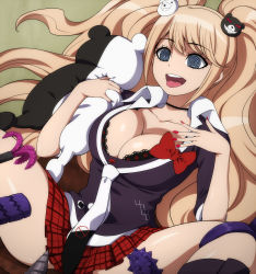  10s 1girl @_@ blonde_hair bra breasts cleavage danganronpa_(series) danganronpa:_trigger_happy_havoc drill enoshima_junko hairu highres lace lace-trimmed_bra lace_trim large_breasts long_hair monokuma nail_polish necktie open_mouth plaid plaid_skirt sex_toy skirt sleeves_rolled_up smile spoilers spread_legs thighs tongue tongue_out underwear  rating:Questionable score:178 user:danbooru
