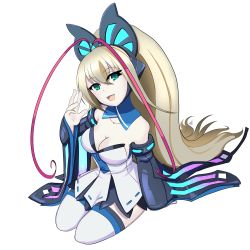  1girl absurdres azure_striker_gunvolt bare_shoulders blonde_hair breasts butterfly_hair_ornament cleavage detached_sleeves hair_ornament highres long_hair lumen_(gunvolt) lydi-lydi_(jes) multicolored_hair red_hair solo thighhighs transparent_background two-tone_hair wide_sleeves wings 