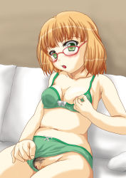  1girl bad_hands bed blonde_hair blush bow bow_bra bow_panties bra bra_pull brown_hair character_request clothes_pull clothing_aside female_pubic_hair glasses green_bra green_eyes green_panties looking_at_viewer navel open_mouth original panties panties_aside pillow pubic_hair pussy short_hair sitting solo underwear underwear_only yummy_(donyat1983)  rating:Explicit score:10 user:Psy338