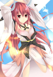 10s 1girl absurdres bare_shoulders date_a_live fire headgear highres horns itsuka_kotori japanese_clothes kimono long_hair makadamixa obi red_eyes red_hair sash simple_background smirk solo white_background wide_sleeves rating:Sensitive score:12 user:danbooru