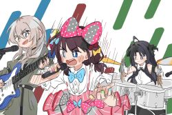  ahoge awa_subaru belt black_belt black_hair black_ribbon blue_bow blue_bowtie blue_eyes blue_nails blush bow bowtie brown_coat brown_hair clenched_teeth coat collared_shirt commentary_request dotty-44 dress_shirt drum drum_set earrings girls_band_cry green_nails grey_eyes grey_hair hair_between_eyes hair_bow hair_ribbon highres holding holding_microphone holding_plectrum instrument iseri_nina jewelry kawaragi_momoka long_hair low_twintails microphone multicolored_nails music nail_polish neck_ribbon open_mouth parted_bangs pink_nails pink_skirt playing_drum playing_guitar plectrum polka_dot polka_dot_bow purple_eyes ribbon shirt short_twintails sidelocks singing skirt sleeveless sleeveless_shirt teeth twintails upper_teeth_only whtie_shirt yellow_nails 