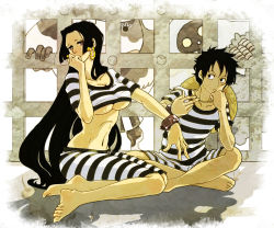  1boy 1girl bad_id bad_pixiv_id barefoot black_hair blugori blush boa_hancock breasts cleavage cow cuffs earrings embarrassed feet handcuffs hat impel_down jewelry large_breasts long_hair minotaurus_(one_piece) monkey_d._luffy one_piece pon_(puppupon) prison prison_clothes prisoner sitting straw_hat striped underboob very_long_hair  rating:Sensitive score:57 user:dragafire