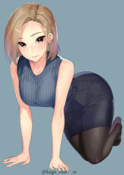 1girl all_fours bare_arms bare_shoulders black_pantyhose black_skirt breasts brown_eyes brown_hair closed_mouth collarbone forehead grey_background high-waist_skirt highres kagematsuri large_breasts looking_at_viewer mole mole_under_eye no_shoes original pantyhose pencil_skirt ribbed_sweater short_hair sidelocks simple_background skirt sleeveless solo sweater twitter_username rating:Sensitive score:26 user:danbooru