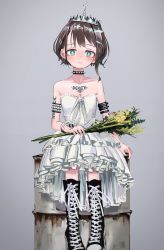 1girl absurdres arm_belt armlet bad_id bad_twitter_id bare_shoulders black_footwear blush boots brown_hair child choker closed_mouth collarbone cross-laced_footwear dress flower frills full_body gishiki_(gshk) green_eyes grey_background highres holding holding_flower lace-up_boots layered_dress original short_hair simple_background sitting smile solo spiked_armlet spiked_choker spikes strapless strapless_dress tattoo tiara white_dress rating:General score:10 user:danbooru