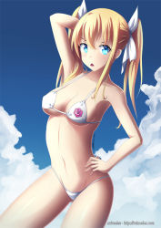  10s 1girl arm_behind_head arm_up armpits bikini blonde_hair blue_eyes blue_sky blush breasts cleavage collarbone day emblem gakusen_toshi_asterisk hair_ribbon hand_on_own_hip long_hair looking_at_viewer medium_breasts mimelex navel outdoors ribbon signature sky solo standing stomach swimsuit twintails underboob very_long_hair violet_weinberg watermark web_address white_bikini white_ribbon 